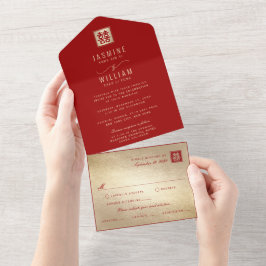 Invitación Todo En Uno Boda chino clásico cuadrado doble felicidad