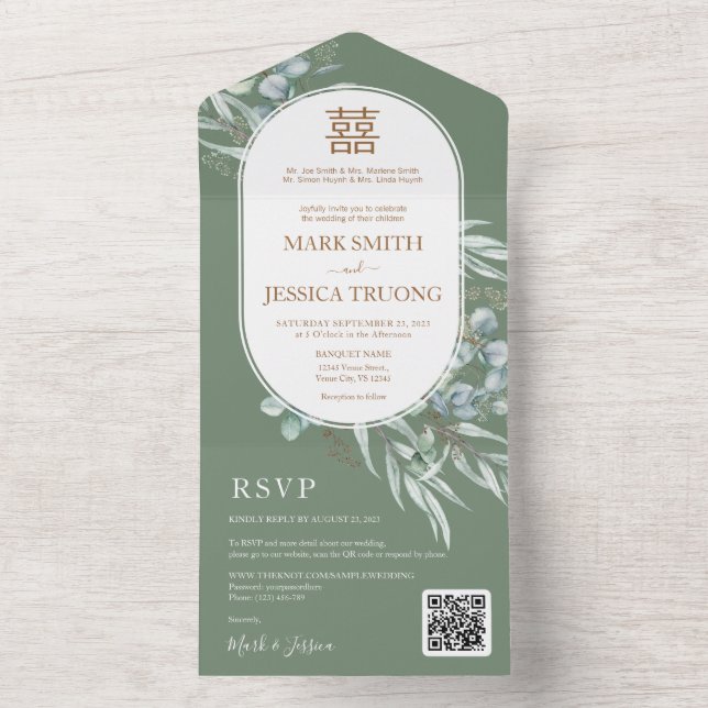 Invitación Todo En Uno Boda chino de Eucalyptus Round Frame (Interior)