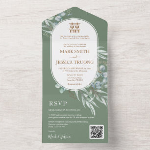 Invitación Todo En Uno Boda chino de Eucalyptus Round Frame