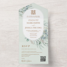 Invitación Todo En Uno Boda chino de Eucalyptus Round Frame