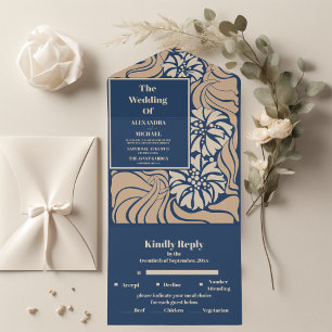 Invitación Todo En Uno Boda Clásica Art Nouveau Azul