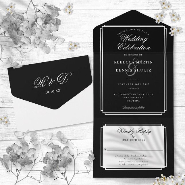 Invitación Todo En Uno Boda Clásica Deco Monograma en Blanco y Negro (Black And White Classic Deco Monogram Wedding All In One Invitation)