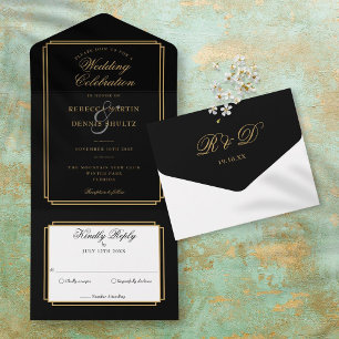 Invitación Todo En Uno Boda Clásica Deco Monograma Negro y Dorado