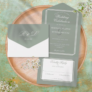Invitación Todo En Uno Boda Clásica Deco Verde Salvia Monograma