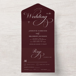 Invitación Todo En Uno Boda clásica formal caligrafía Burgundy
