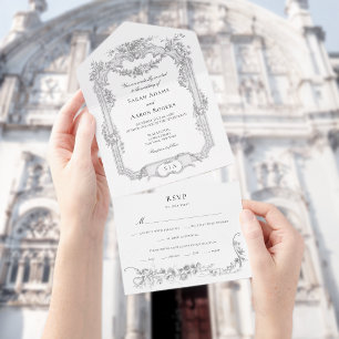 Invitación Todo En Uno Boda Clásica Francesa con Guirnalda de Rosas Ornam
