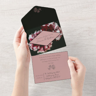 Invitación Todo En Uno Boda clásico de los peones negros y rosados