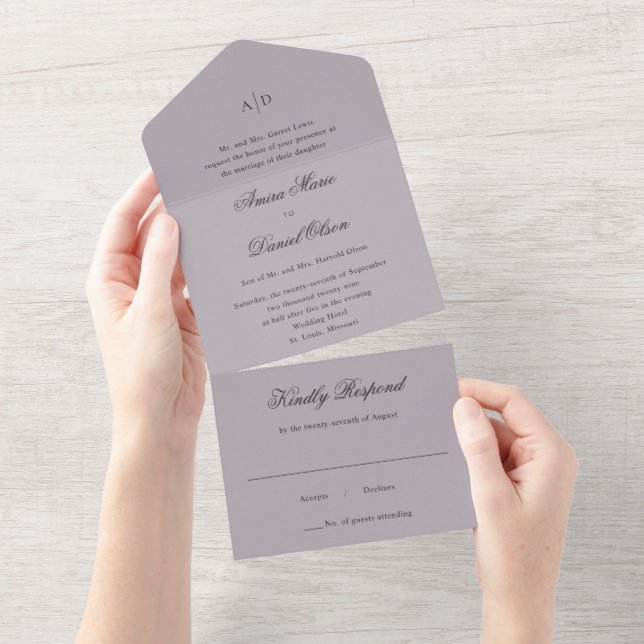 Invitación Todo En Uno Boda Clásico Dusty Limpio Lilac (desgarro)