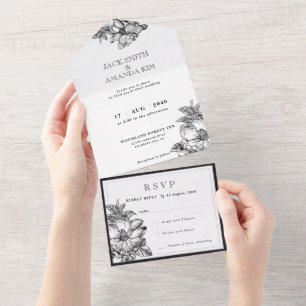 Invitación Todo En Uno Boda clásico negro y blanco todo en un RSVP