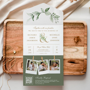 Invitación Todo En Uno Boda Código QR Ampersand Dorado Verde Salvia