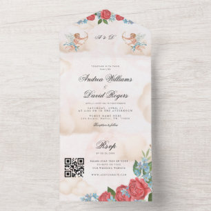 Invitación Todo En Uno Boda Código QR Antiguo Vintage Cupido Querubín Ret