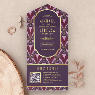 Invitación Todo En Uno Boda Código QR Art Déco Púrpura Dorado Berenjena