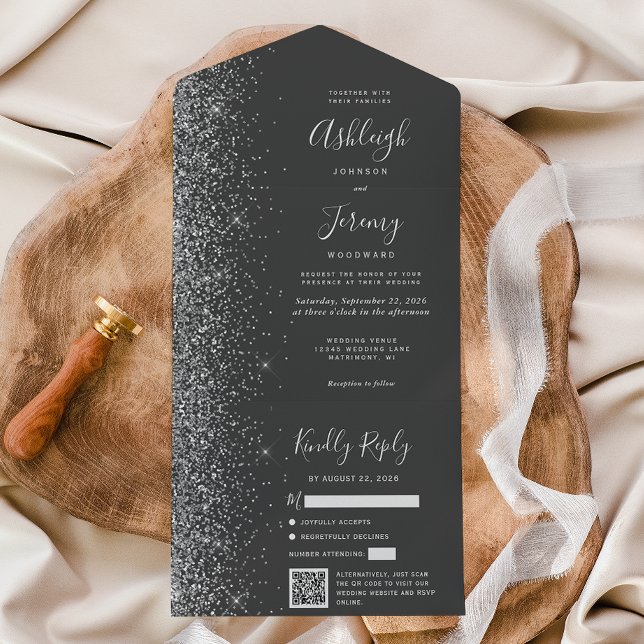 Invitación Todo En Uno Boda Código QR Brillo Gris Carbón (Subido por el creador)