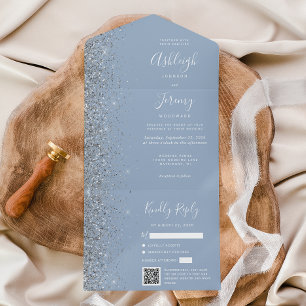 Invitación Todo En Uno Boda Código QR Brillo Plateado Azul Polvoriento