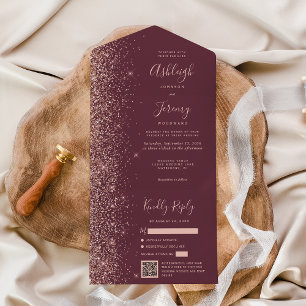 Invitación Todo En Uno Boda Código QR Burgundy Brillo Rose Gold
