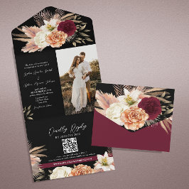 Invitación Todo En Uno Boda Código QR Burgundy Negro