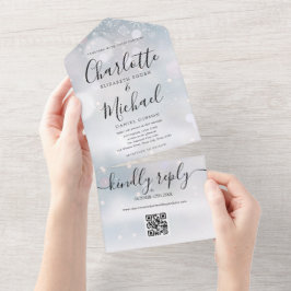 Invitación Todo En Uno Boda Código QR Copos de Nieve de Invierno