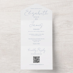 Invitación Todo En Uno Boda Código QR de Escritura Elegante Azul Polvo