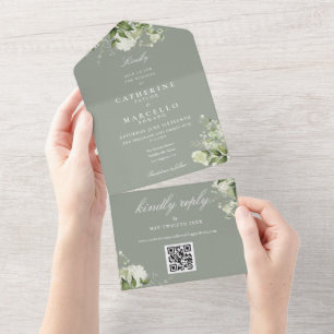 Invitación Todo En Uno Boda Código QR de Floristería Verde Salvia