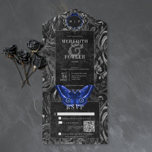 Invitación Todo En Uno Boda Código QR de Motivo Filigrana Azul Negro Góti