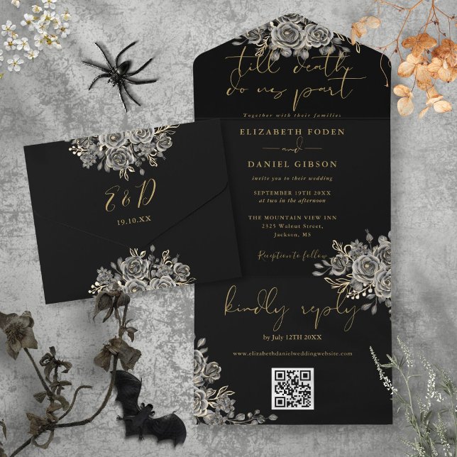 Invitación Todo En Uno Boda Código QR de Rosas Negras y Doradas Góticas (Gothic Black And Gold Roses QR Code Wedding All In One Invitation)