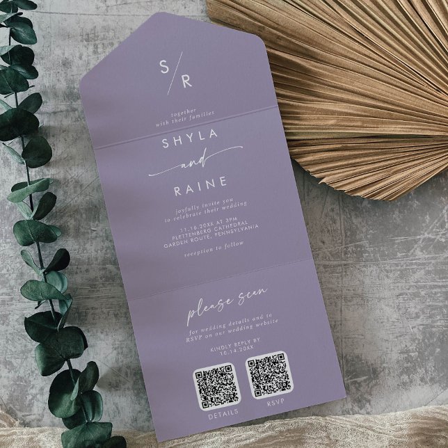 Invitación Todo En Uno Boda Código QR Dual Lila Púrpura Boho Chic (Subido por el creador)