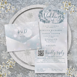 Invitación Todo En Uno Boda Código QR Floral Boho Copos de Nieve de Invie
