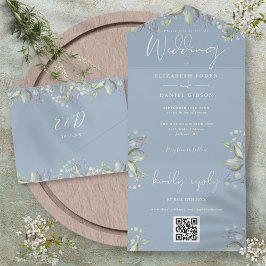 Invitación Todo En Uno Boda Código QR Floral de Greenery Azul Polvoriento