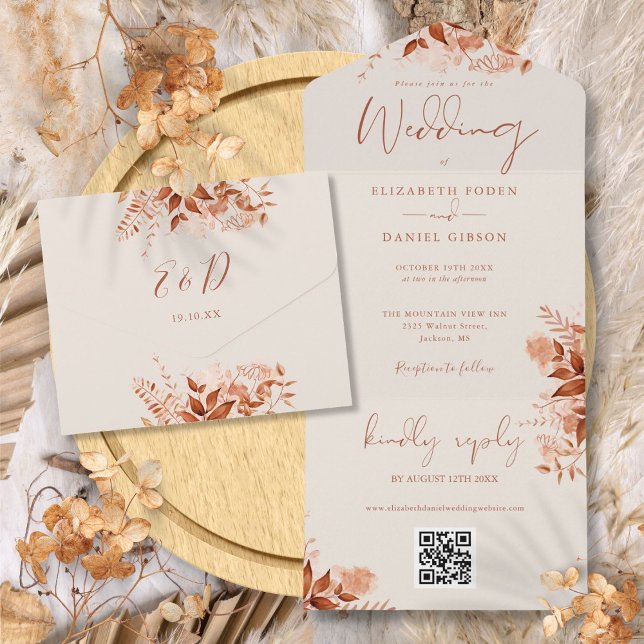Invitación Todo En Uno Boda Código QR Floral Otoño Rústico (Rustic Autumn Fall Floral QR Code Wedding All In One Invitation)