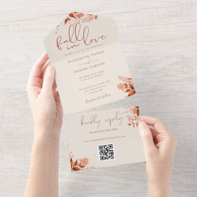 Invitación Todo En Uno Boda Código QR Floral Otoño Rústico Enamorarse (desgarro)