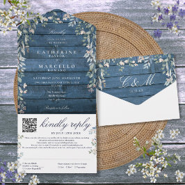 Invitación Todo En Uno Boda Código QR Floral Verde Botánica Madera Azul R