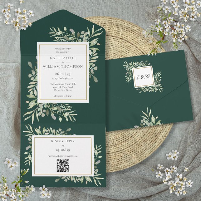 Invitación Todo En Uno Boda Código QR Floral Verde Esmeralda (Emerald Greenery Floral QR Code Wedding All In One Invitation)
