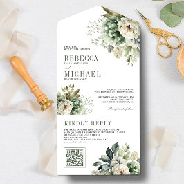 Invitación Todo En Uno Boda Código QR Floral Verde Salvia Rosa Marfil