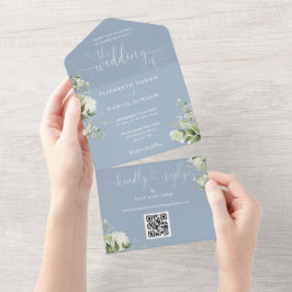 Invitación Todo En Uno Boda Código QR Floral Verde Script Azul Polvorient