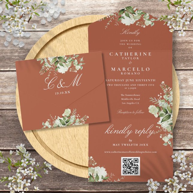 Invitación Todo En Uno Boda Código QR Floral Verde Terracota (Terracotta Floral Greenery QR Code Wedding All In One Invitation)