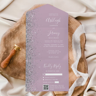 Invitación Todo En Uno Boda Código QR Glitter Lila Polvoriento Plata