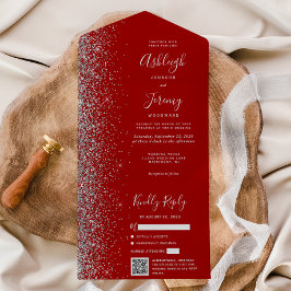 Invitación Todo En Uno Boda Código QR Rojo Carmesí Plateado Brillante