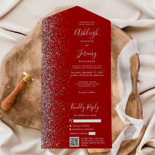 Invitación Todo En Uno Boda Código QR Rojo Carmesí Plateado Brillante