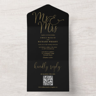 Invitación Todo En Uno Boda Código QR Sr y Sra Moderno Negro y Dorado
