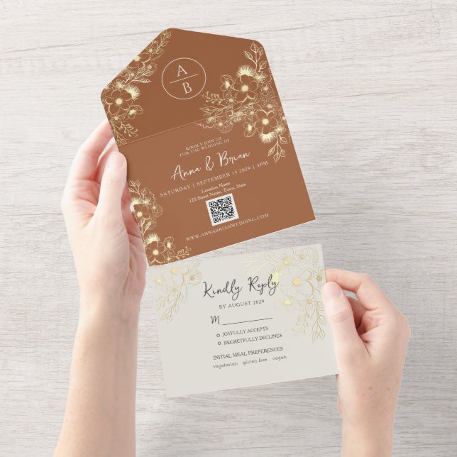 Invitación Todo En Uno Boda Código QR Terracota (desgarro)