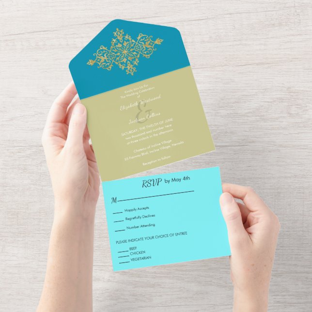 Invitación Todo En Uno Boda Colorida con Oro (desgarro)