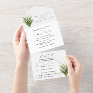 Invitación Todo En Uno Boda con Acuarela Floral Blanca de Lirio de Valle
