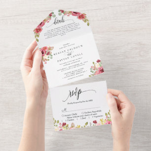 Invitación Todo En Uno Boda con Acuarela Floral de Merlot Rojo