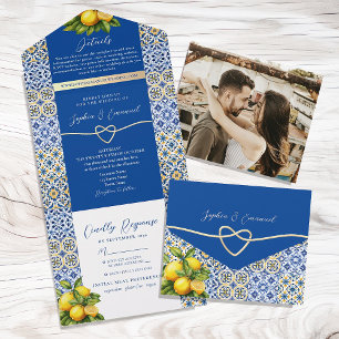 Invitación Todo En Uno Boda con Azulejos Italianos de Color Azul Limón