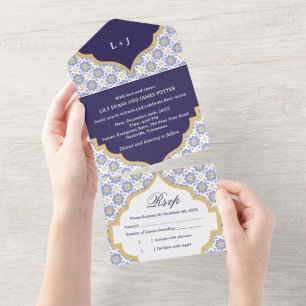 Invitación Todo En Uno Boda con azulejos marroquíes índigo