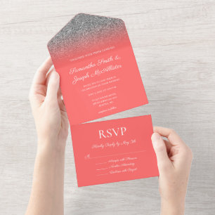 Invitación Todo En Uno Boda con brillo de coral y plata ombre