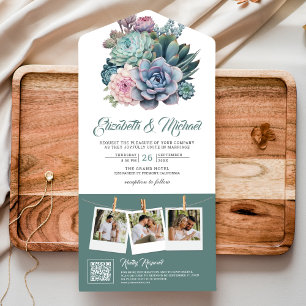 Invitación Todo En Uno Boda con código QR Ampersand de suculentas pastel
