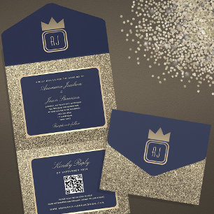Invitación Todo En Uno Boda con Código QR de Lujo Dorado Brillante y Azul