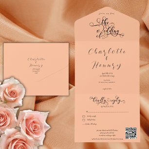 Invitación Todo En Uno Boda con código QR de melocotón y caligrafía elega