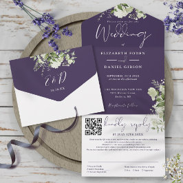Invitación Todo En Uno Boda con código QR de monograma de vegetación púrp